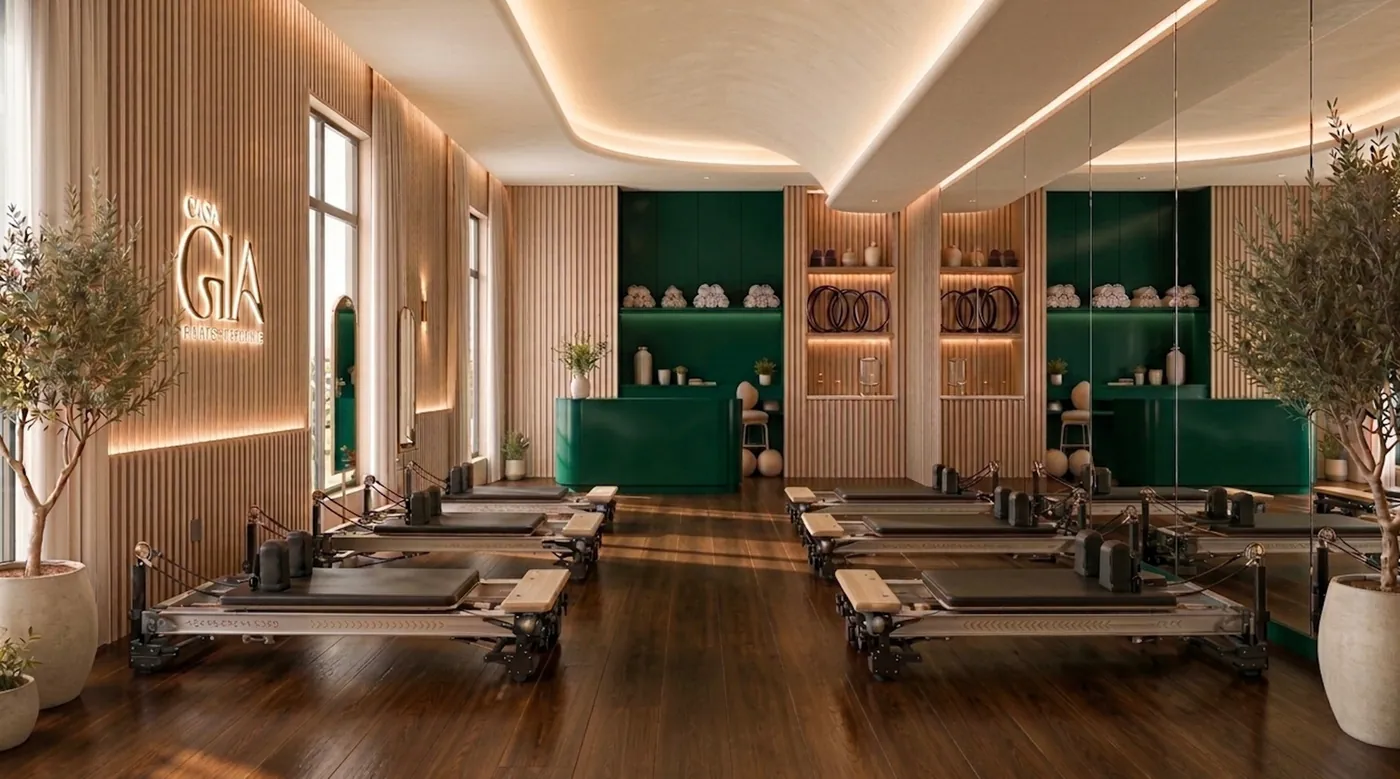 Interior del estudio Casa GIA: reformers alineados sobre piso de
                  madera, muebles en verde institucional y olivos en maceta.