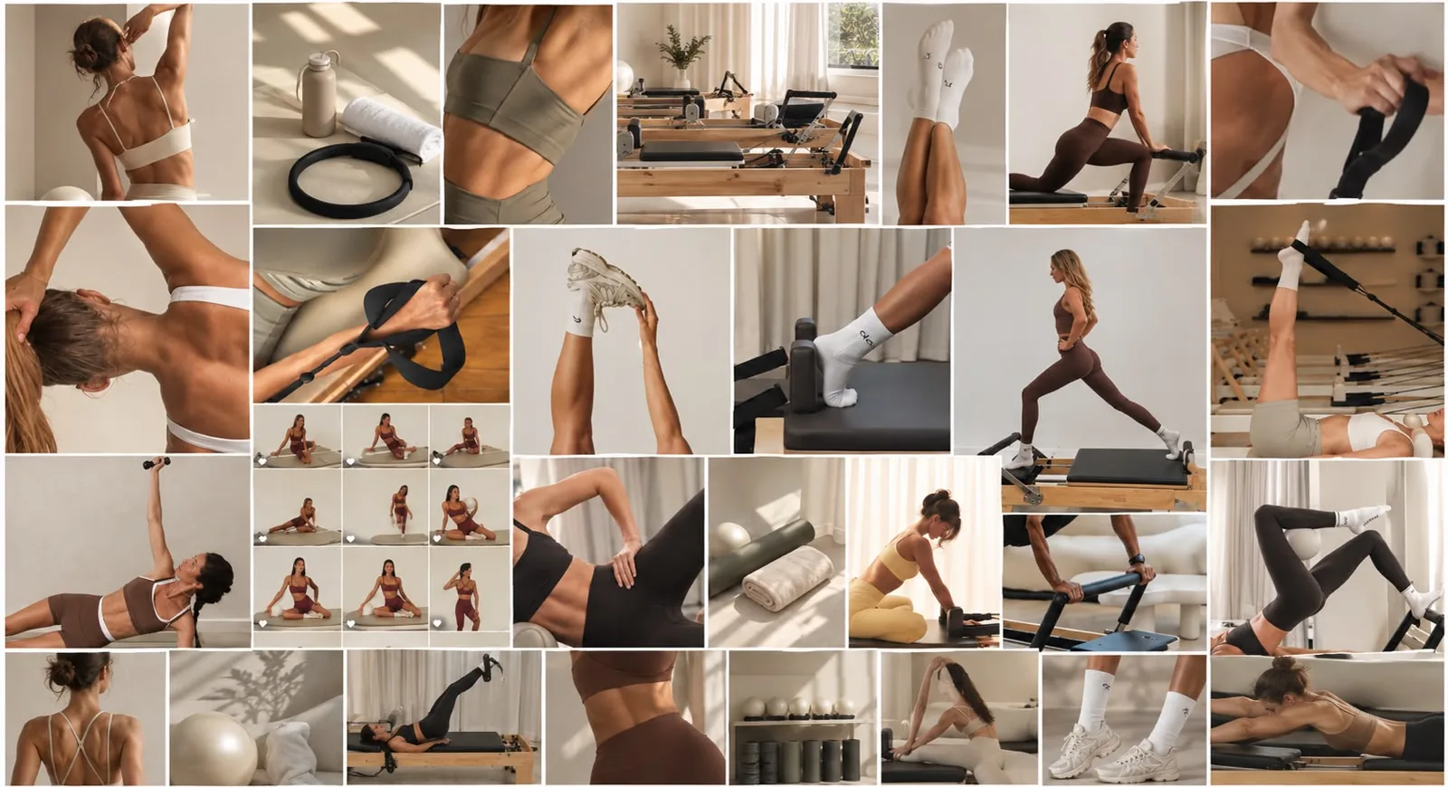 Moodboard de Casa GIA: trabajo en reformer, detalles del
                estudio y momentos de práctica, en tonos cálidos.